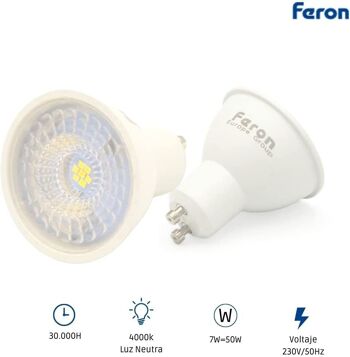 Ampoules LED Feron GU10 | LB-26, GU10, 7W 230V | diffuseur translucide blanc 560Lm | angle d'ouverture 38°|Ampoule neutre| [Classe d'efficacité énergétique A+] 2 4