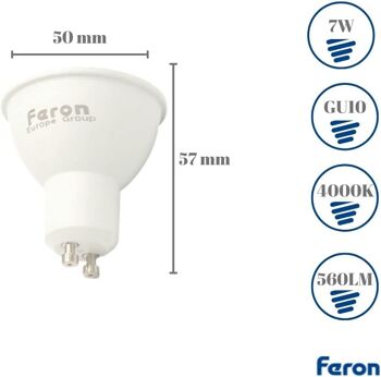Ampoules LED Feron GU10 | LB-26, GU10, 7W 230V | diffuseur translucide blanc 560Lm | angle d'ouverture 38°|Ampoule neutre| [Classe d'efficacité énergétique A+] 2 2