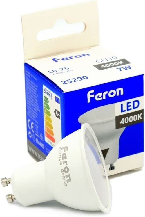 Feron Bombillas GU10 LED| LB-26, GU10, 7W 230V | difusor translúcido blanco 560Lm| ángulo de apertura 38°|Bombilla de Luz Neutra| [Clase de eficiencia energética A+] 1