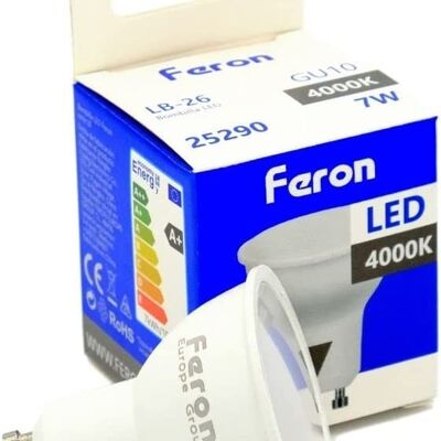 Lampadine LED Feron GU10| LB-26, GU10, 7W 230V | diffusore traslucido bianco 560Lm| angolo di apertura 38°|Lampadina Neutra| [Classe di efficienza energetica A+] 1