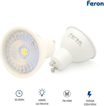 Ampoules LED Feron GU10 | LB-26, GU10, 7W 230V | diffuseur translucide blanc 560Lm | angle d'ouverture 38°|Ampoule neutre| [Classe d'efficacité énergétique A+] 1 4