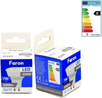 Ampoules LED Feron GU10 | LB-26, GU10, 7W 230V | diffuseur translucide blanc 560Lm | angle d'ouverture 38°|Ampoule neutre| [Classe d'efficacité énergétique A+] 1 3