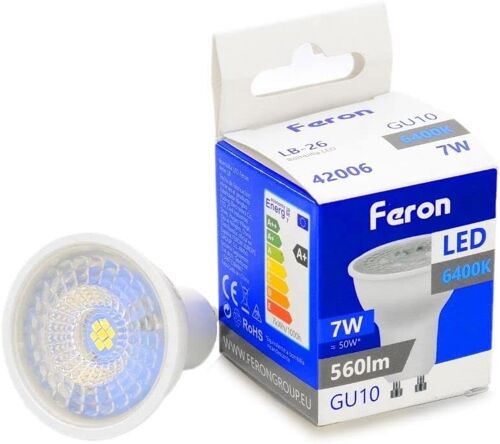 Feron Bombillas GU10 LED| LB-26, GU10, 7W 230V | difusor translúcido blanco 560Lm| ángulo de apertura 38°|Bombilla de Luz Blanca| [Clase de eficiencia energética A+] 1