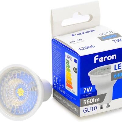Feron GU10 LED bulbs| LB-26, GU10, 7W 230V | white translucent diffuser 560Lm| opening angle 38°|White Light Bulb| [Energy efficiency class A+] 1