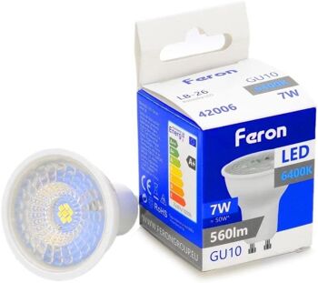 Ampoules LED Feron GU10 | LB-26, GU10, 7W 230V | diffuseur translucide blanc 560Lm | angle d'ouverture 38°|Ampoule Blanche| [Classe d'efficacité énergétique A+] 1 1