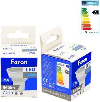 Ampoules LED Feron GU10 | LB-26, GU10, 7W 230V | diffuseur translucide blanc 560Lm | angle d'ouverture 38°|Ampoule Blanche| [Classe d'efficacité énergétique A+] 1 3
