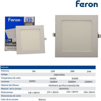 Downlight LED ultra-plat Feron | Carré Encastré |Modèle AL502 | Spot led encastrable au plafond | Hublots LED | 1 3