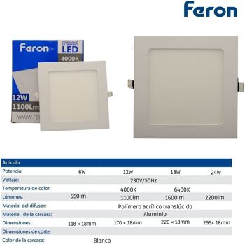 Downlight LED ultra-plat Feron | Carré Encastré |Modèle AL502 | Spot led encastrable au plafond | Hublots LED | 6 3