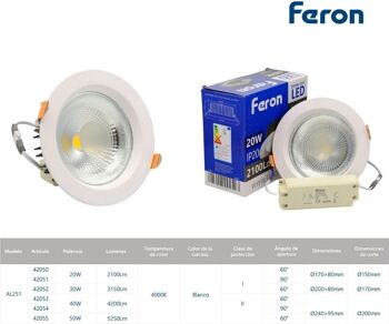 Downlight à LED FERON pour l'éclairage commercial | Modèle Al251 | Éclairage led pour entrepôt, commerce, bureau Lampe | Downlight LED encastré | 1 4