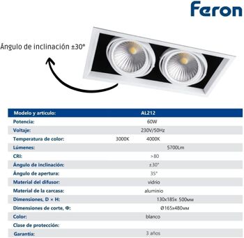 FERON Downlight LED carré réglable | Lampe LED pour entrepôt, commerce, bureau | Downlight LED encastré | 3
