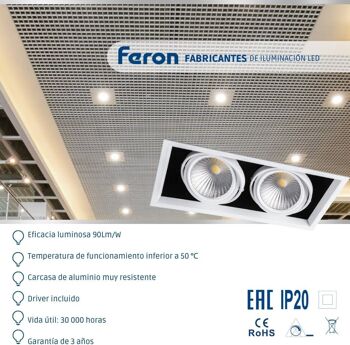 FERON Downlight LED carré réglable | Lampe LED pour entrepôt, commerce, bureau | Downlight LED encastré | 5