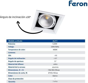 FERON Downlight LED carré réglable | Lampe LED pour entrepôt, commerce, bureau | Downlight LED encastré | 1 3