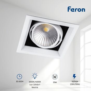 FERON Downlight LED carré réglable | Lampe LED pour entrepôt, commerce, bureau | Downlight LED encastré | 1 2