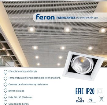 FERON Downlight LED carré réglable | Lampe LED pour entrepôt, commerce, bureau | Downlight LED encastré | 1 5