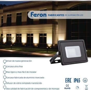 Projecteur DEL FERON | Projecteur LED pour Porches, Garage, Patio, Stade | Projecteur ultra fin IP65 | Angle d'ouverture de 120º | Réflecteur | deux 5