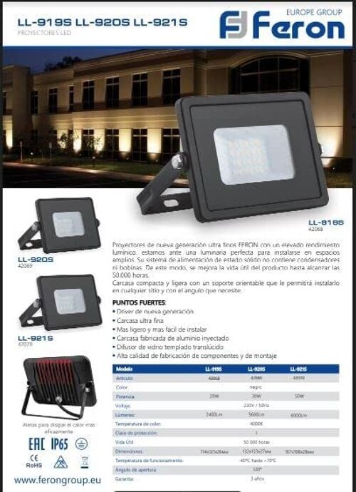 FERON Proyector LED | Foco led para Porches,Garaje, Patio,Estadio | Proyector Ultrafino IP65 |Angulo de Apertura 120º |Foco reflector | 5