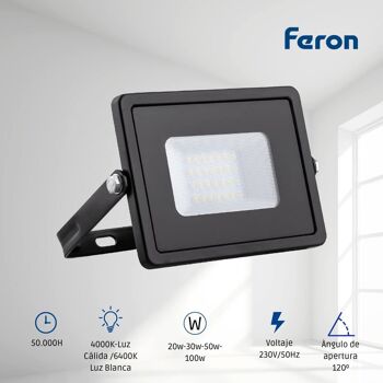 Projecteur DEL FERON | Projecteur LED pour Porches, Garage, Patio, Stade | Projecteur ultra fin IP65 | Angle d'ouverture de 120º | Réflecteur | 5 2