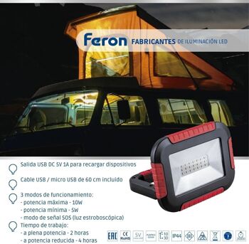 Projecteur LED portable FERON 10W | 6400К, 5V/50Hz, 800Lm, IP44, angle d'ouverture 120°| lampe de travail, batterie rechargeable, étanche | lampe de travail, lampe de travail pour camping, pêche, atelier, chantiers 125*42*160 mm 4