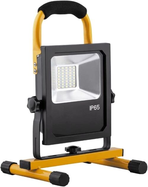 FERON Proyector LED portátil, con cargador| 20W, 6400К, 230V/50Hz, 1600Lm, IP65| foco de trabajo, batería recargable, resistente al agua| ángulo de apertura 120° color negro-amarillo, lámpara de trabajo, luz de trabajo para camping, pesca, taller, o