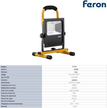 FERON Projecteur LED portable, avec chargeur | 20W, 6400К, 230V/50Hz, 1600Lm, IP65| lampe de travail, batterie rechargeable, étanche | angle d'ouverture 120° couleur noir-jaune, lampe de travail, lampe de travail pour le camping, la pêche, l'atelier ou 4