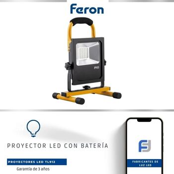 FERON Projecteur LED portable, avec chargeur | 20W, 6400К, 230V/50Hz, 1600Lm, IP65| lampe de travail, batterie rechargeable, étanche | angle d'ouverture 120° couleur noir-jaune, lampe de travail, lampe de travail pour le camping, la pêche, l'atelier ou 2