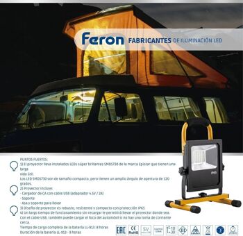 FERON Projecteur LED portable, avec chargeur | 20W, 6400К, 230V/50Hz, 1600Lm, IP65| lampe de travail, batterie rechargeable, étanche | angle d'ouverture 120° couleur noir-jaune, lampe de travail, lampe de travail pour le camping, la pêche, l'atelier ou 6