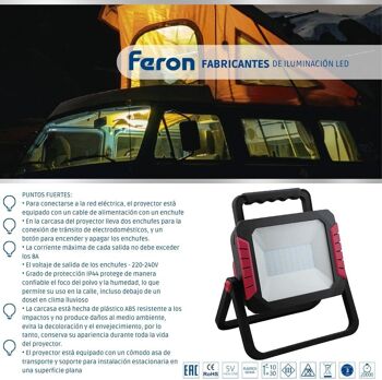 FERON Projecteur LED portable, avec chargeur | 50W, 6400К 5000Lm, IP44, angle d'ouverture 120°| lampe de travail, batterie rechargeable, étanche | lampe de travail, lampe de travail pour camping, pêche, atelier, chantiers|270*300*180 mm 5