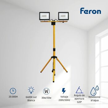 FERON Projecteur LED portable avec trépied | 30W, 6400К | 2700Lm, IP65 | lampe de travail, lampe de travail pour camping, pêche, atelier, chantier | hauteur du trépied 497 * 1080 * 1650 (trépied + tête) 2