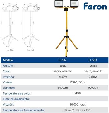 FERON Projecteur LED portable avec trépied | 30W, 6400К | 2700Lm, IP65 | lampe de travail, lampe de travail pour camping, pêche, atelier, chantier | hauteur du trépied 497 * 1080 * 1650 (trépied + tête) 3