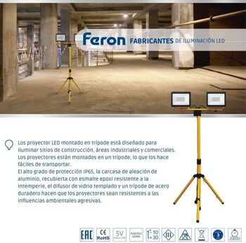 FERON Projecteur LED portable avec trépied | 30W, 6400К | 2700Lm, IP65 | lampe de travail, lampe de travail pour camping, pêche, atelier, chantier | hauteur du trépied 497 * 1080 * 1650 (trépied + tête) 5