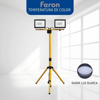 FERON Projecteur LED portable avec trépied | 50W, 6400К| 4500Lm, IP65 | lampe de travail, lampe de travail pour camping, pêche, atelier, chantier | hauteur du trépied 497 * 1080 * 1650 (trépied + tête) 3
