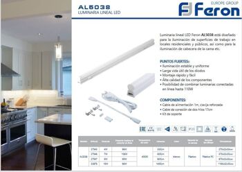 Luminaire LED linéaire FERON AL5038 | Surface linéaire 4W, 400Lm, 4000K|Angle d'ouverture de la barre LED 120º 5