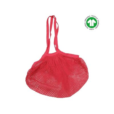 Organic cotton net shopping bag - long handles - raspberry
