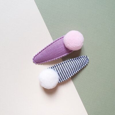 Barrettes pompon lot de 2 - marinière et cassis