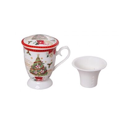 CHRISTMAS TEA MUG WITH DRAINER AND LID IN A GIFT COLOUR BOX