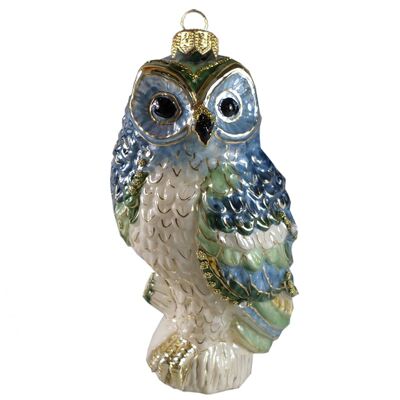 Décoration de Noël en verre - GLASS OWL Bleu/vert - fabriquée en Europe