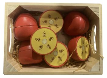5 pommes avec aimant dans une boîte
