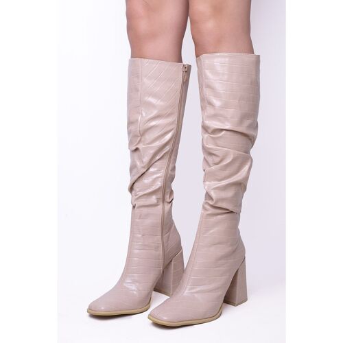 Nude Croc PU Ruched Calf High Boots With Side Zip