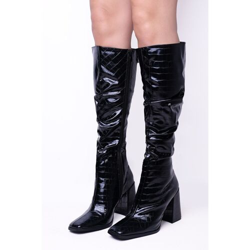 Black Croc PU Ruched Calf High Boots With Side Zip