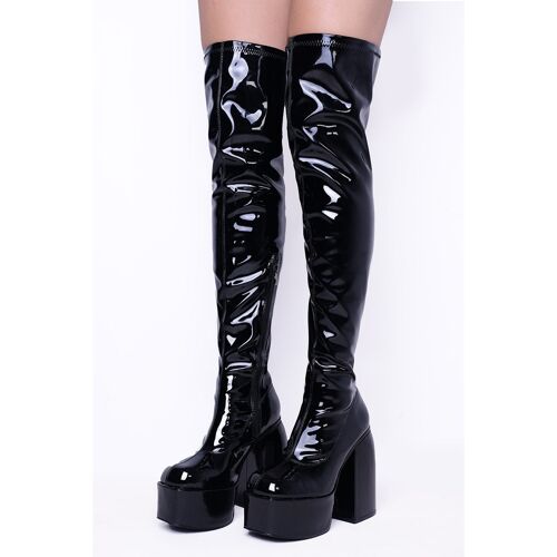 Black Patent Block Heel Knee High Boots With Square Toe