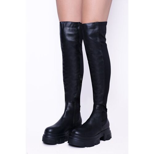 Black PU Chunky Chelsea Calf High Boots - With Side Zip