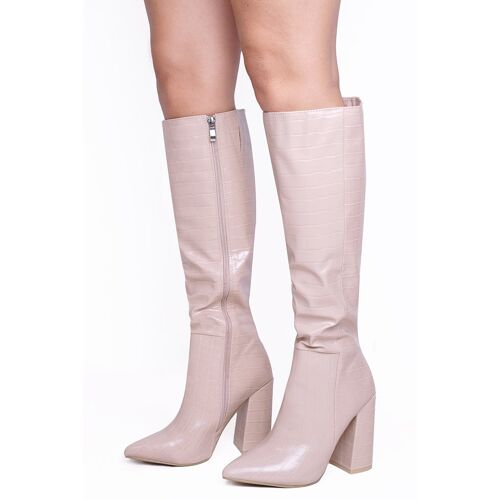 Nude Croc PU Block Heel Calf High Boots With Pointed Toe & Side Zip