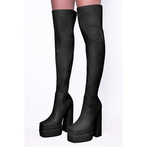 Black PU Square Toe Block Heel Knee High Stretch Boots