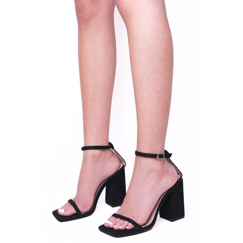 Black Suede Block High Heel Sandal with Square Toe & Ankle Strap