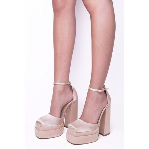 CHAMPAGNE SATIN SQUARE TOE PLATFORM BLOCK HIGH HEEL COURT PUMP