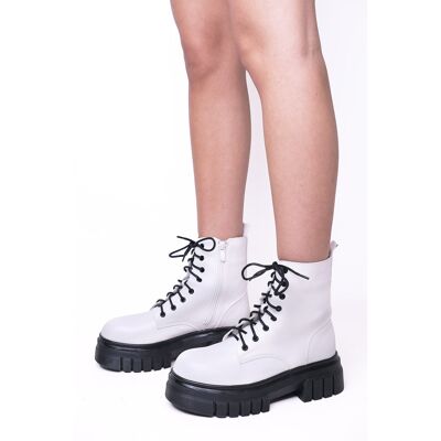 White Chunky Platform Ankle Boots With Front Lace Up