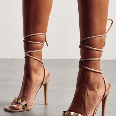 Nude Stiletto High Heels with Studded Strap & Lace Up Detail