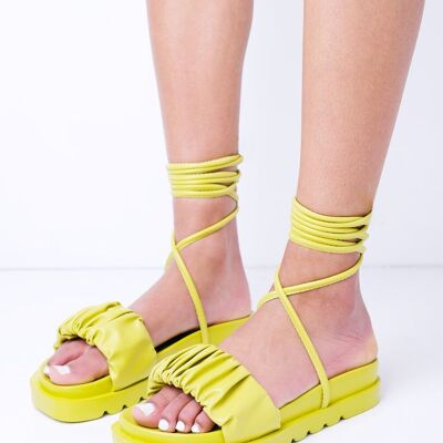 Lime Flatform Sandal with Ruched Strap & Lace Up Detail