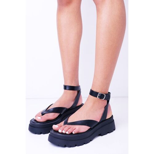 Black Platform Chunky Sandals with Toe Thong