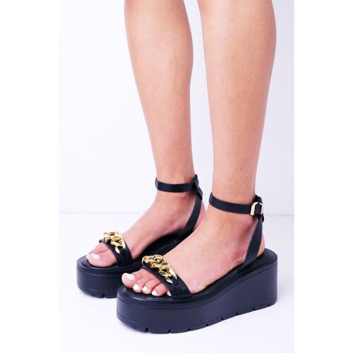 Black Flatform Sandal with Chunky Gold Chain Strap